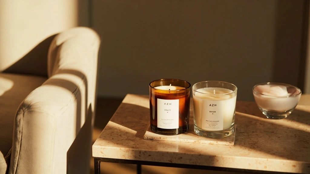 Amber Azht candles arranged on a travertine side table in a Brooklyn loft.