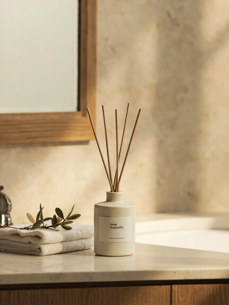 An Azht reed diffuser styled in a boutique hotel bathroom.